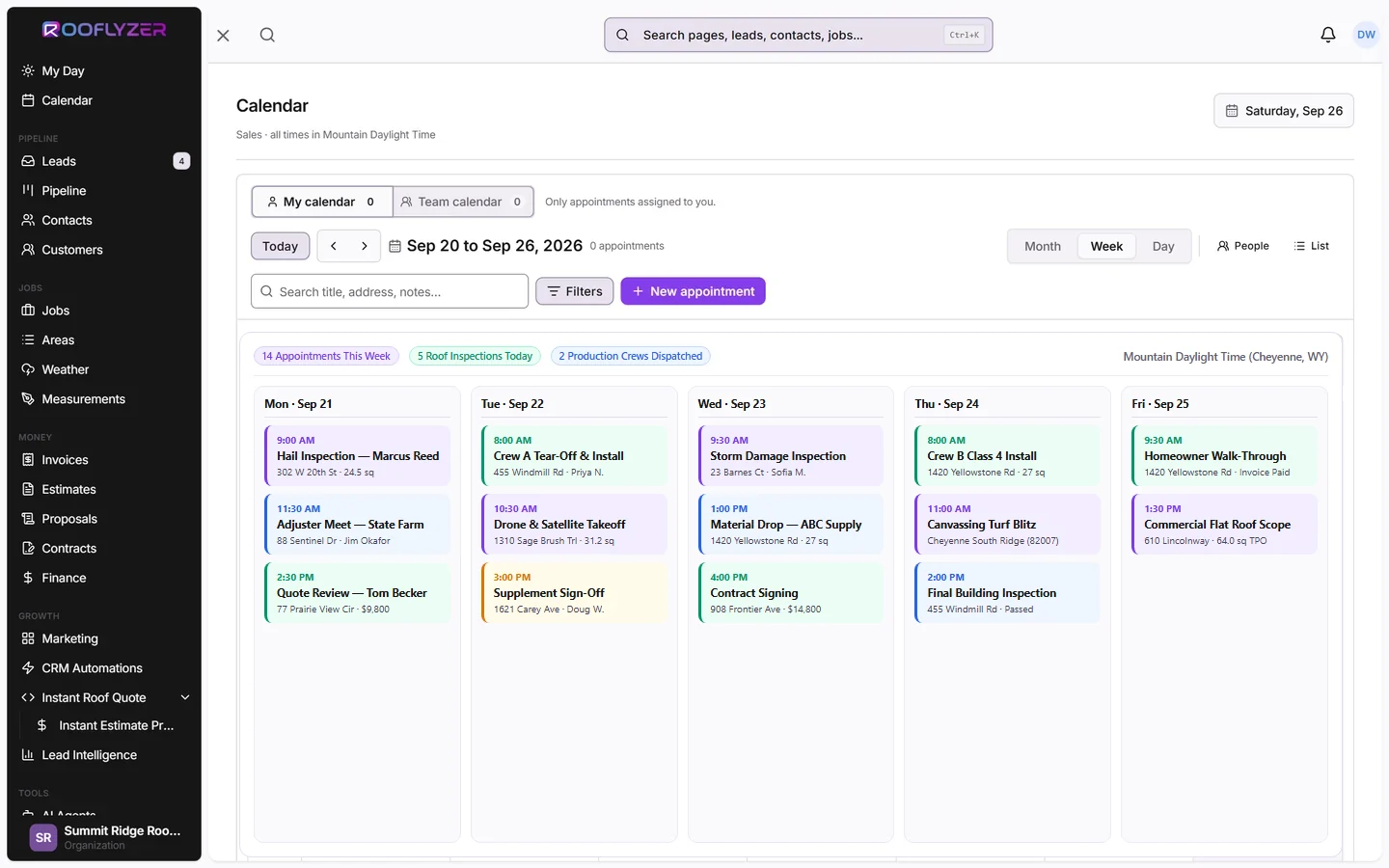 Rooflyzer crew calendar with week view, team calendars, and appointment scheduling